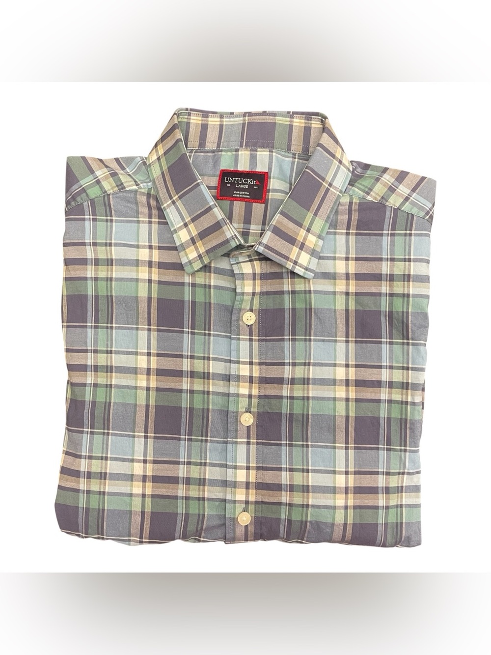 UNTUCKit Plaid Shirt Men’s L Long Sleeve Button Up 100% Cotton Blue Green Office